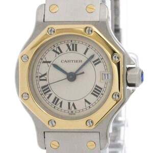 CARTIER Santos Octagon 18K Gold Steel Quartz Ladies Watch Polished